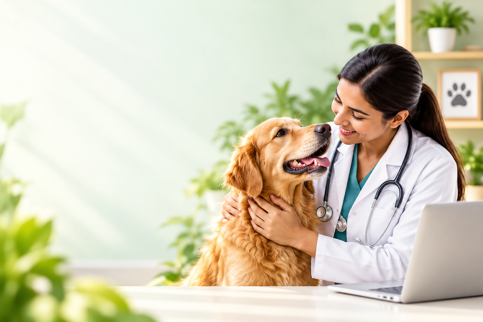 Veterinarian with a golden retriever